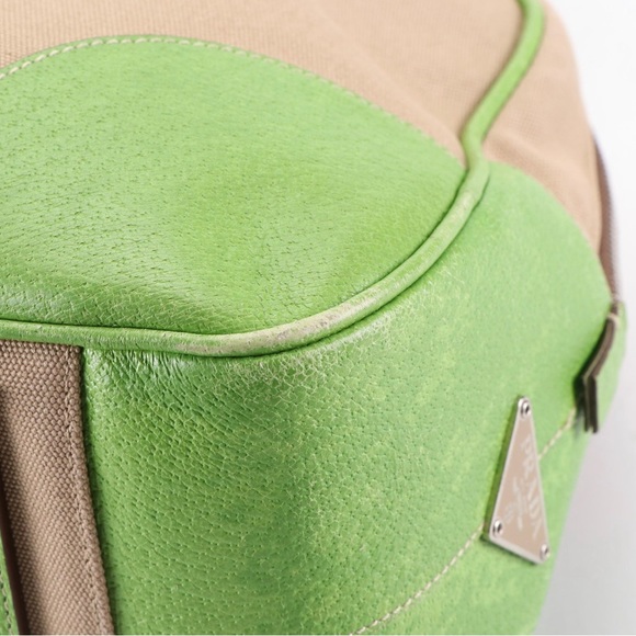 Prada Bowler Bag in Tan Canvas and Green Leather Trim - Picture 6 of 6